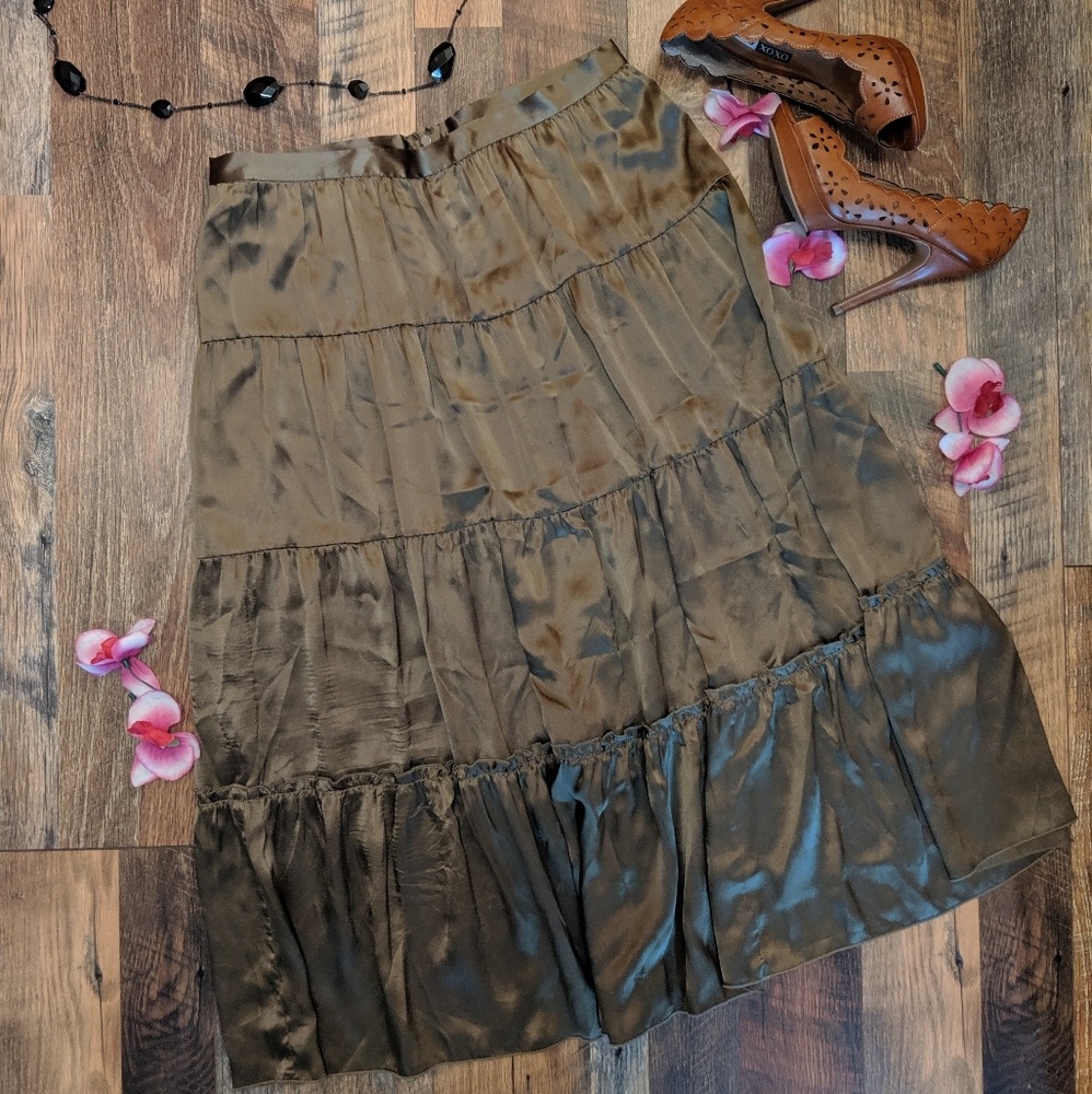 TO THE MAX! *RARE* SILK TIERED BROWN MAXI SKIRT - Picture 6 of 8